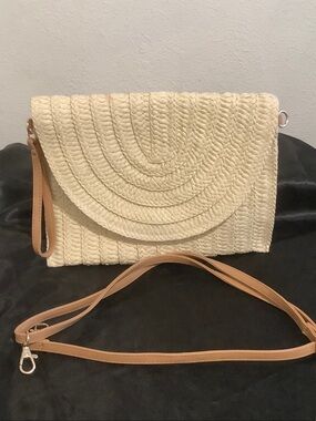 Woven Cream Crossbody Clutch with Tan Strap